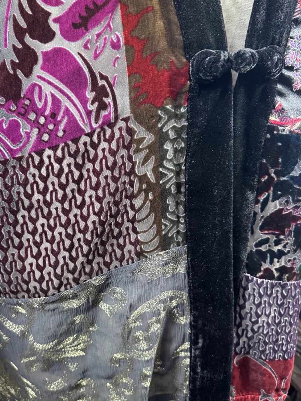 VTG Chico's Burnout Velvet Velour Silk Blend Patchwork Kimono Jacket (Size 3) - Picture 10 of 16